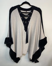Capote Poncho Cape M/L Faux Fur Lace Up Neck Tan Black Womens Bamboo Rayon