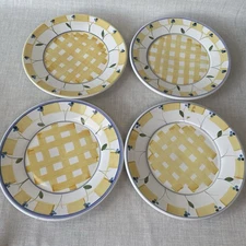 Caleca Italian Pottery 9.5” Dinner Plates Yellow Checkered Set Of 4 Italy