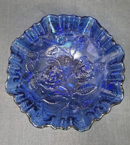 Vintage Imperial Glass Cobalt Blue Roses Double Crimped Bowl 8"