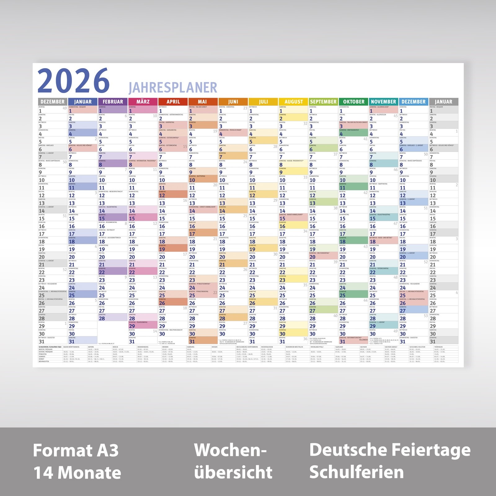 Wandkalender 2026, DIN A3, Jahresplaner, Plakatkalender, Gefaltet