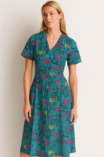 Peruvian Connection Dress Womens M Aztec bird Tribal Print Pima Cotton boho teal