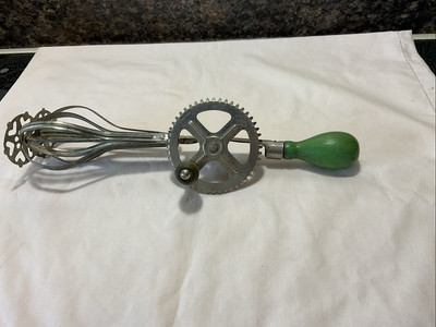 Antique A&J Hand Held Mixer Egg Beater Green  Handle 