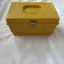 Vintage 9.5" Yellow Sewing Box Plastic Retro Case with Tray. Hippy Boho Preloved