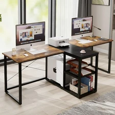 Person Desk with Storage Shelves, 92.5" Double Computer Desk with PC case Sta...