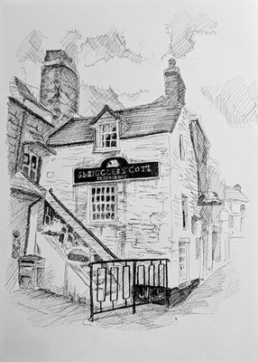 Gerahmte Feder- und Tuschezeichnung von Cornish Pub