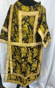 Vintage Black and Gold Clergy Vestment Chasuble metallic & silk brocade, DD-5