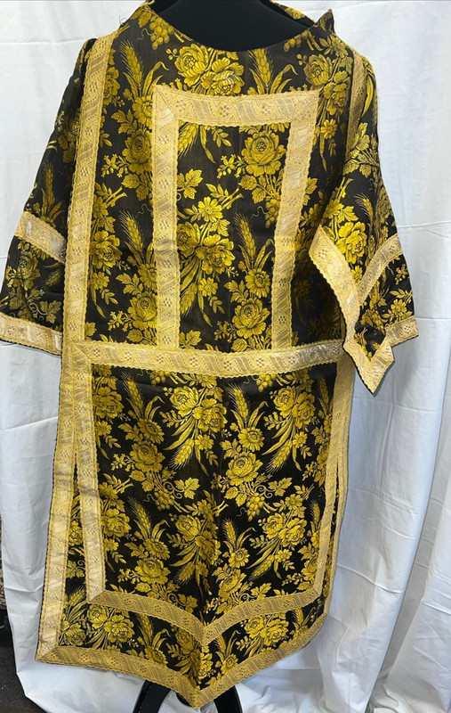 Vintage Black and Gold Clergy Vestment Chasuble metallic & silk brocade, DD-5