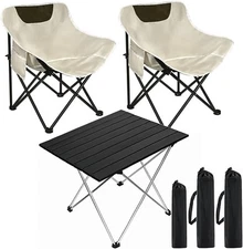 Folding Camping Chair Set of 2 Beige chairs & table L, Beige&black 