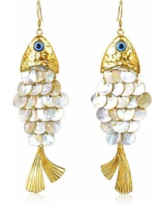 Eye Candy Los Angeles. Earrings Gold Tone/Fish Head /Blue Evil Eye. Shells Scal 