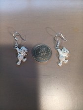 Girls Silver Tone Teddy Bear Themed Dangling Earrings with Rhinestone Accent