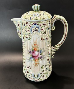 RARE Antique Nippon Jeweled Moriage Chocolate Pot FLUTED RIBBED Hand Painted 10"
