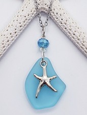 Sea Glass Necklace Jewelry w/ Cultured Aqua Blue Pendant  Starfish Charm