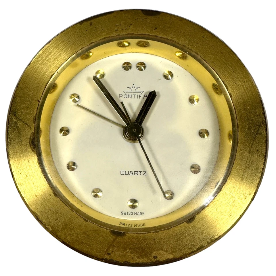 Reloj despertador vintage Portifa Ciba-Geigy estilo ojo de buey pisapapeles suizo de latón Foto 3 de 4