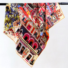18 Momme Twill Silk gate tower Print Square 88X88cm Scarf Shawl Neckerchief Wrap