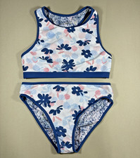 Eddie Bauer Girls 2 Piece Reversible Swimsuit M 10-12 Blue Floral Splatter NEW