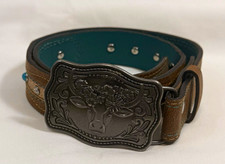 Catchfly Studio Girls Size 24 Western Cow Buckle Brown Blue Studded Belt