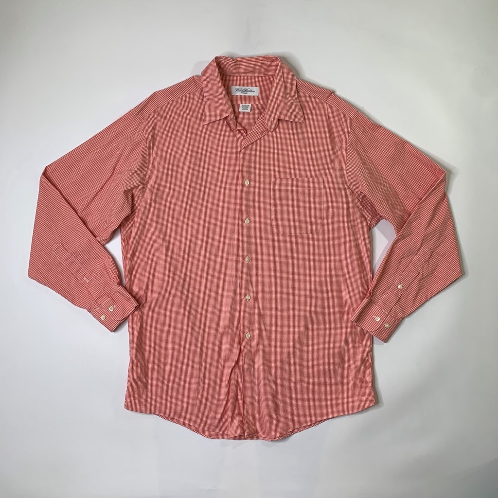 Brooks Brothers Shirt Mens 16.5 Tangerine White Gingham Check Stretch Cotton thumbnail 2