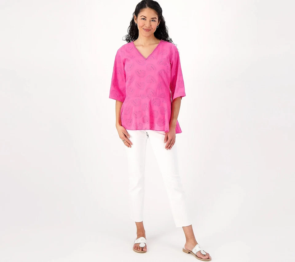 Isaac Mizrahi Live! Camisa túnica tejida cachemira con detalle peplum rosa icónico M N Foto 3 de 4