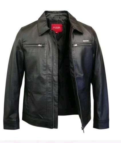 NWT GUESS Men's Black Faux Leather Bomber Jacket - product listing photo