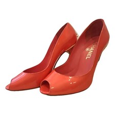 Chanel Orange Patent Leather Peep Toe Pumps with Gold CC Accents.