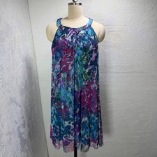 London Times Womens 14 Blue Purple Halter Floral Mesh Dress Beachy Flowy