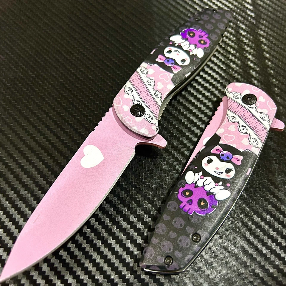 "Navaja de bolsillo plegable táctica con resorte corazón rosa de 8"" mango de metal caza" Foto 2 de 4