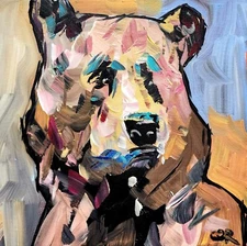 CORBELLIC EXPRESSIONISM 12X12 BROWN BEAR HANDMADE SIGNED COLORFUL ART PAINTING