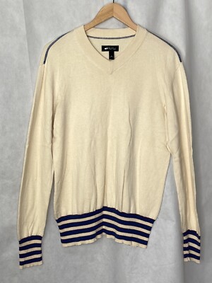 Paul Frank Men’s Vneck Sweater Pullover Cream Stripe Size Medium