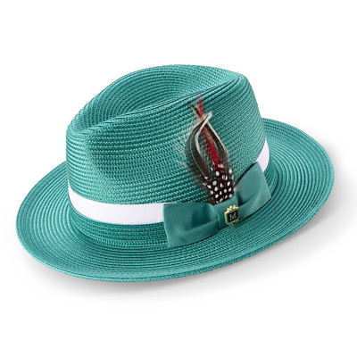 EMERALD Fedora with Two-Tone Grosgrain Ribbon Band and Feather SZ LAR H91