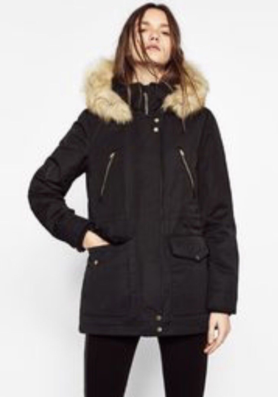 New Zara Womens Black Parka Jacket Coat With Fur Hood Size XS | eBay