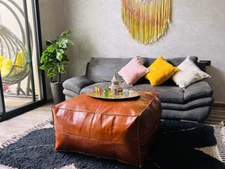 Boho Leather Square Goat Classic Moroccan Footstool Handmade Ottoman Pouffe