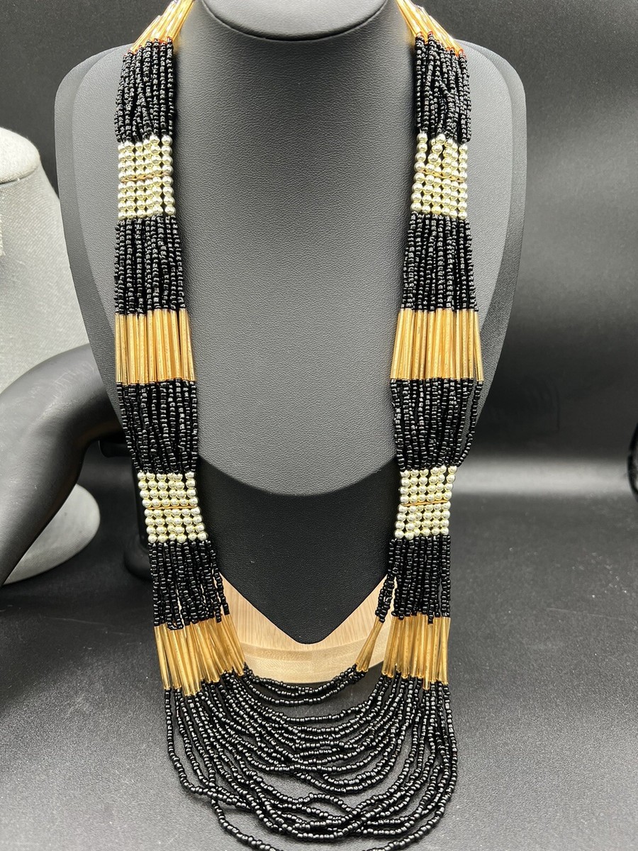 Gold Black Seed Bead Statement Necklace 32-34”