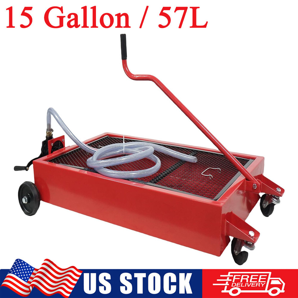 Low Profile 15 Gallon Waste Oil Drain Pan Tank Steel Reservoir with Pump & Hose