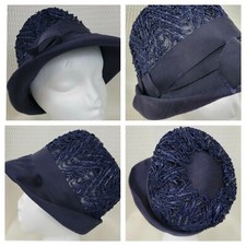 Vintge Navy Blue Straw Hat with Grosgrain Ribbon Trim