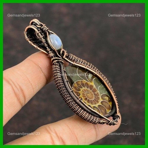 Ammonite Fossil Stone Rainbow Moonstone Copper Boho Wire Wrapped Pendant Jewelry - Picture 4 of 6