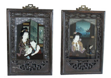 Pair of Vintage Oriental reverse painting on glass in carved rosewood frames