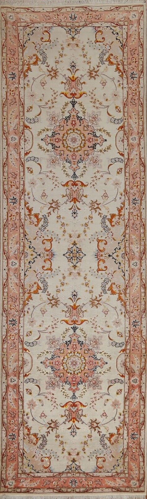324 Knots Wool/ Silk Ivory Tebriz Runner Rug 2' 7" x 10' 5" Hand-knotted Carpet