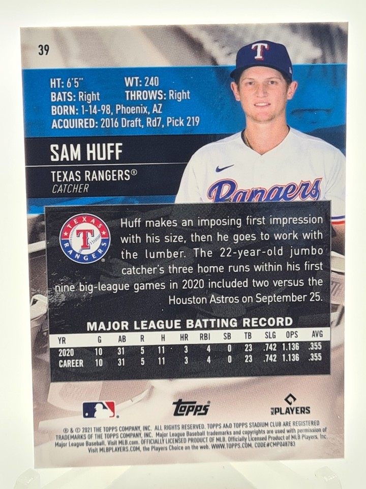 Sam Huff 2021 Topps Stadium Club Chrome Rookie #39 Texas Rangers RC | eBay