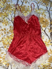 Vtg 1960 s Red Satin Romper Teddy White Lace Small Valentine Day Chemise Slip