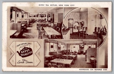 Gypsy Tea Kettle Restaurant Free Fortune Leaves New York City NY Postcard 1944