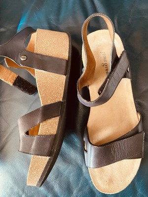 $449 Paul Green Black Leather Cork Platform Sandals Relax Straps Sz10 US  7,5EUR