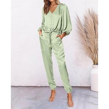 Womens Fashion Satin Top Jogger Pant Set XXL Green Long Sleeve V-Neck Outfit