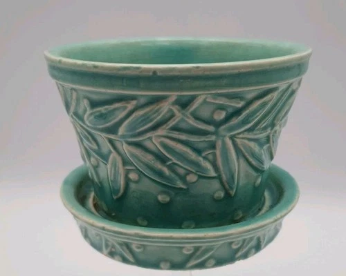 Turquoise McCoy Leaf Motif Planter Flower Pot Attached Saucer Vintage 3 1/4" T