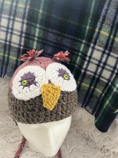 Winter Owl Bird Crocheted Handmade Youth Hat With Tassels Pink Brown