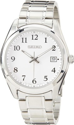 Seiko Herrenuhr mit weißem Zifferblatt & silbernem Armband SUR459P1