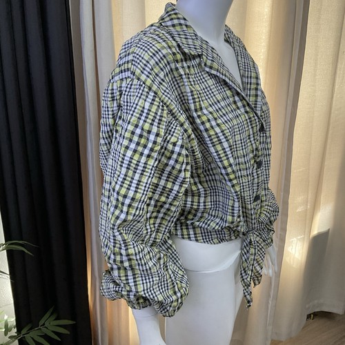 Topshop Women’s Crop Shirt Size 10 Checked Puff Sleeves - Picture 3 of 7