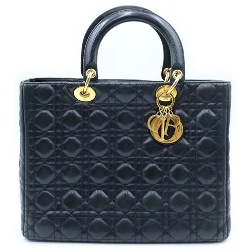 Christian Dior Lady Dior Large Cannage Handbag Leather Black Gold