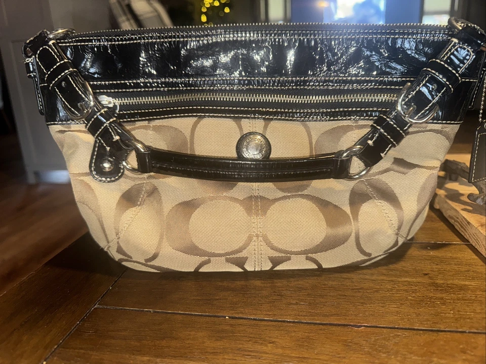 Coach Signature Brown Canvas Leather Zipper Closure Satchel Purse Shoulder Bag - Image 2 of 4