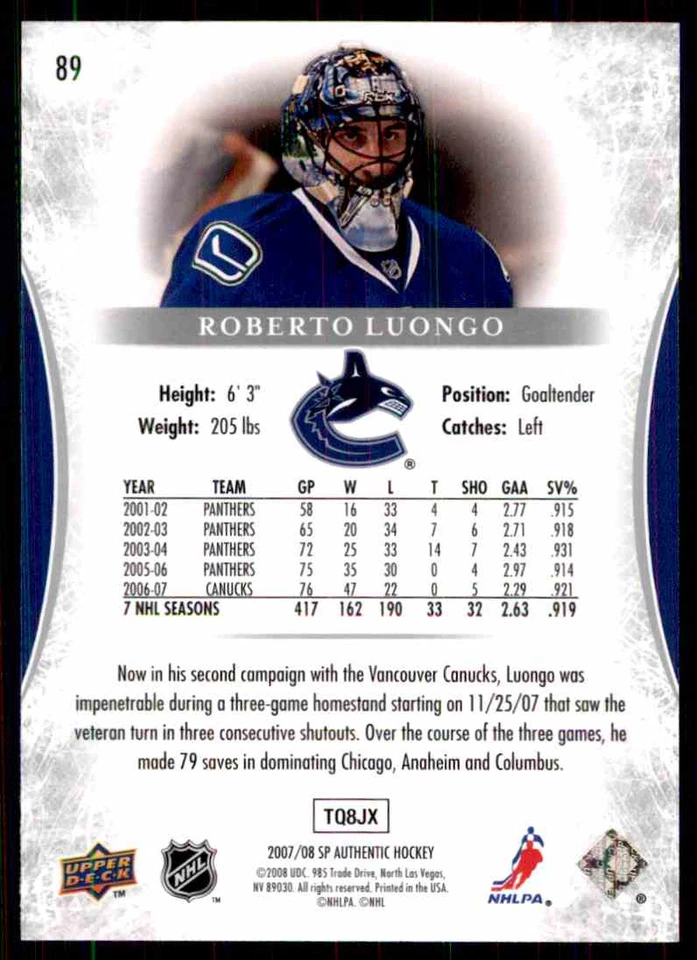 2007-08 SP AUTHENTIC ROBERTO LUONGO VANCOUVER CANUCKS #89 - Image 2 of 2