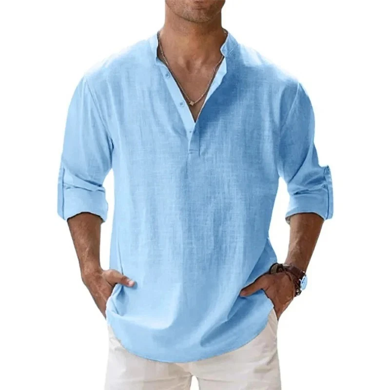 Men's Cotton Linen Henley Long Sleeve Shirt Casual Beach T-shirt Tee Summer Gift - Image 2 of 4